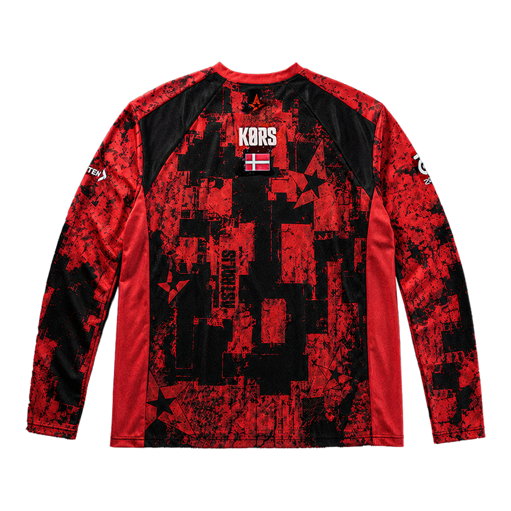 Back of a red and black patterned Astralis long-sleeve jersey