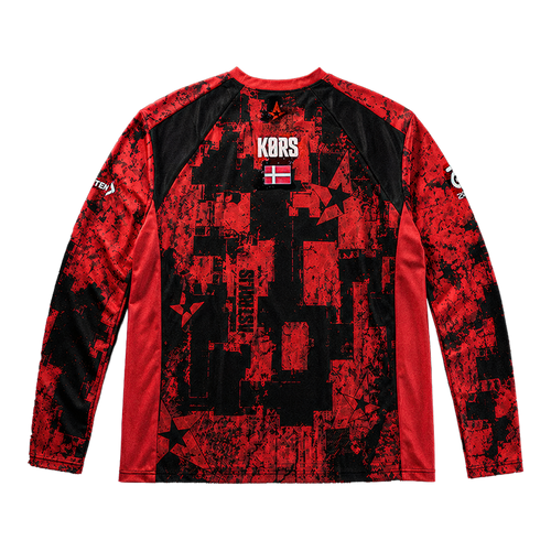 Back of a red and black patterned Astralis long-sleeve jersey