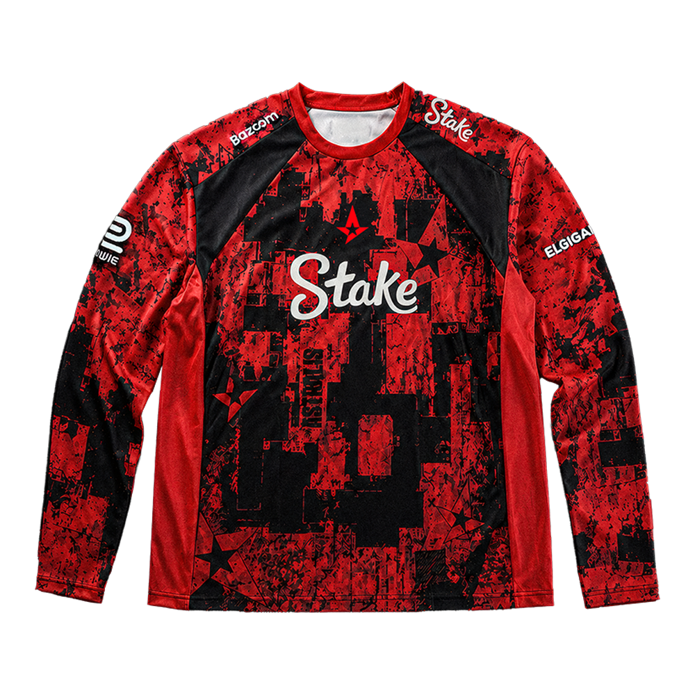 Front of a red and black Astralis long-sleeve jersey with Stake branding