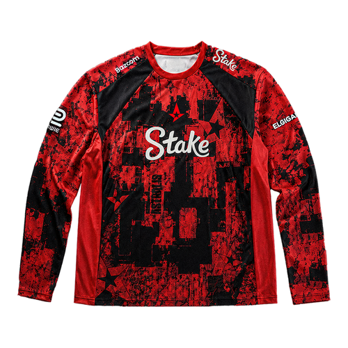 Front of a red and black Astralis long-sleeve jersey with Stake branding