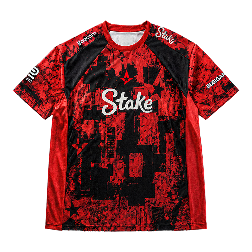 Front of a red and black Astralis short-sleeve jersey with Stake branding