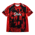 Front of a red and black Astralis short-sleeve jersey with Stake branding