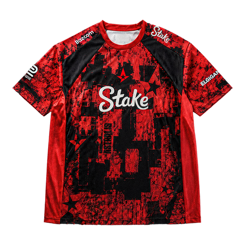 Front of a red and black Astralis short-sleeve jersey with Stake branding